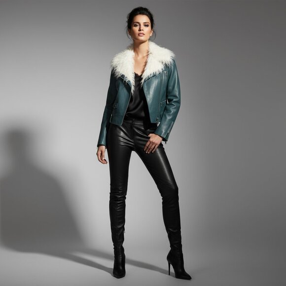 $340 NOIZE Suren Jacket faux white shearling color teal moto jacket S - Picture 5 of 13